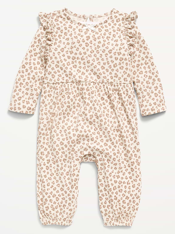 Printed Long-Sleeve Ribbed Ruffle-Trim Jumpsuit for Baby