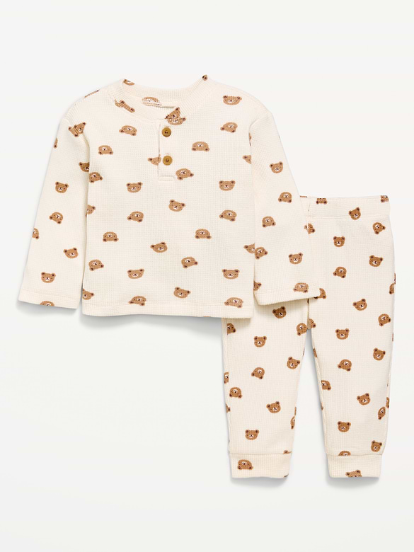 Long-Sleeve Waffle-Knit Henley Top and Pants Set for Baby