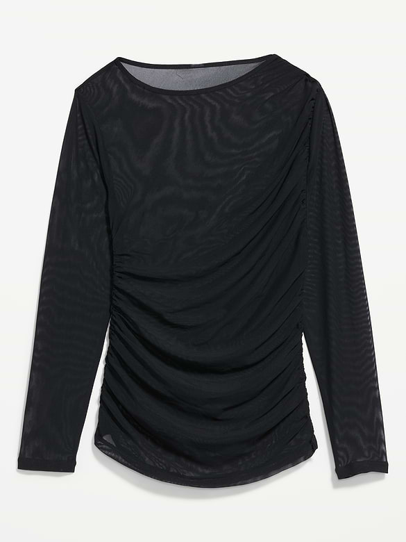Long-Sleeve Draped Mesh Top