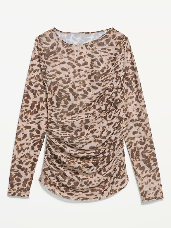 Long-Sleeve Asymmetrical Unlined Mesh Top