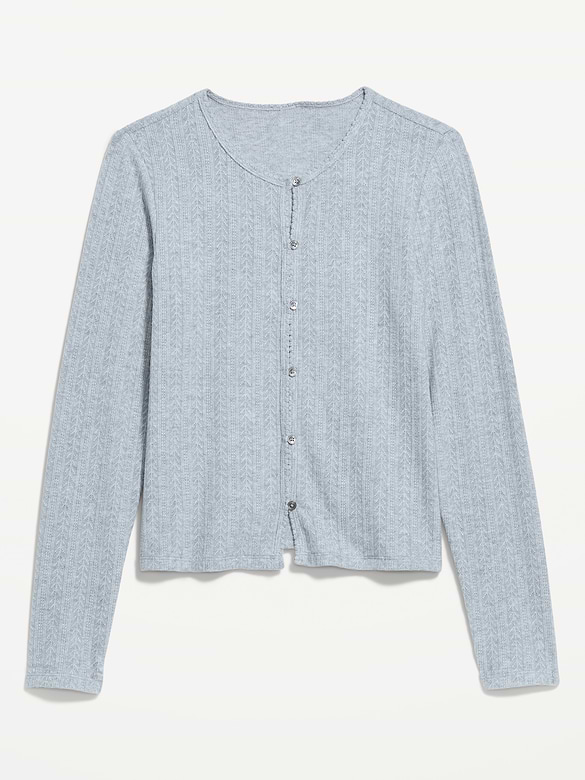 Long-Sleeve Button-Front Pointelle Top