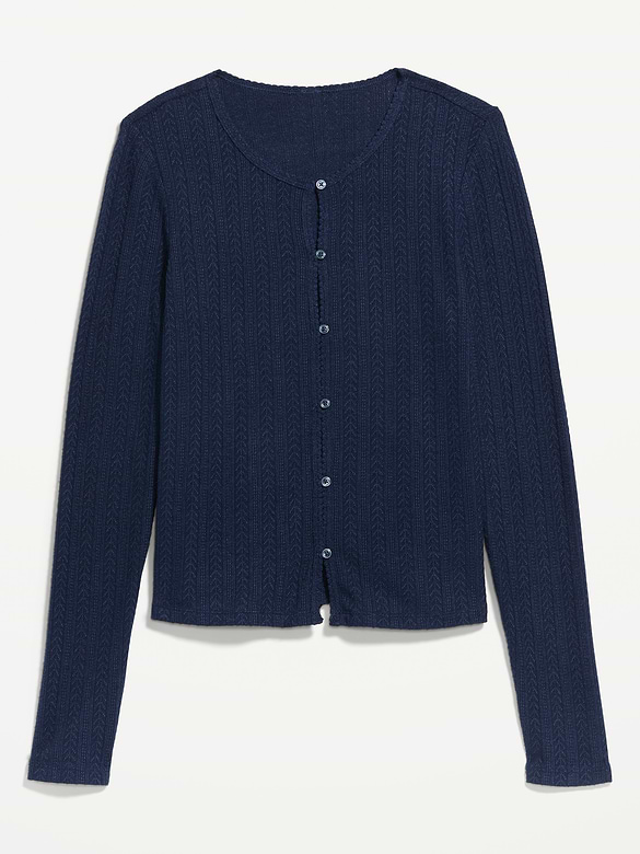 Long-Sleeve Button-Front Cutout Pointelle Top