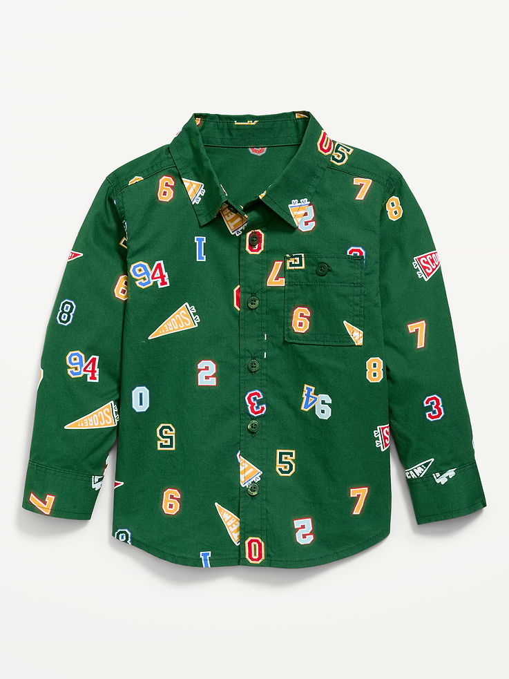 Image 1 of 1, pointed spread collar, long sleeves, buttoned cuffs, buttoned patch pocket at chest, full length button front, all-over print, Product #908557