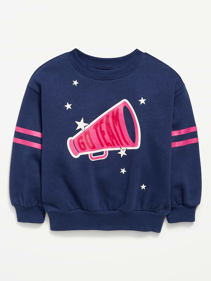 Image 1 of 1, crew neck, long sleeves, drop shoulders, stripes at sleeves, graphic at front, Product #910249