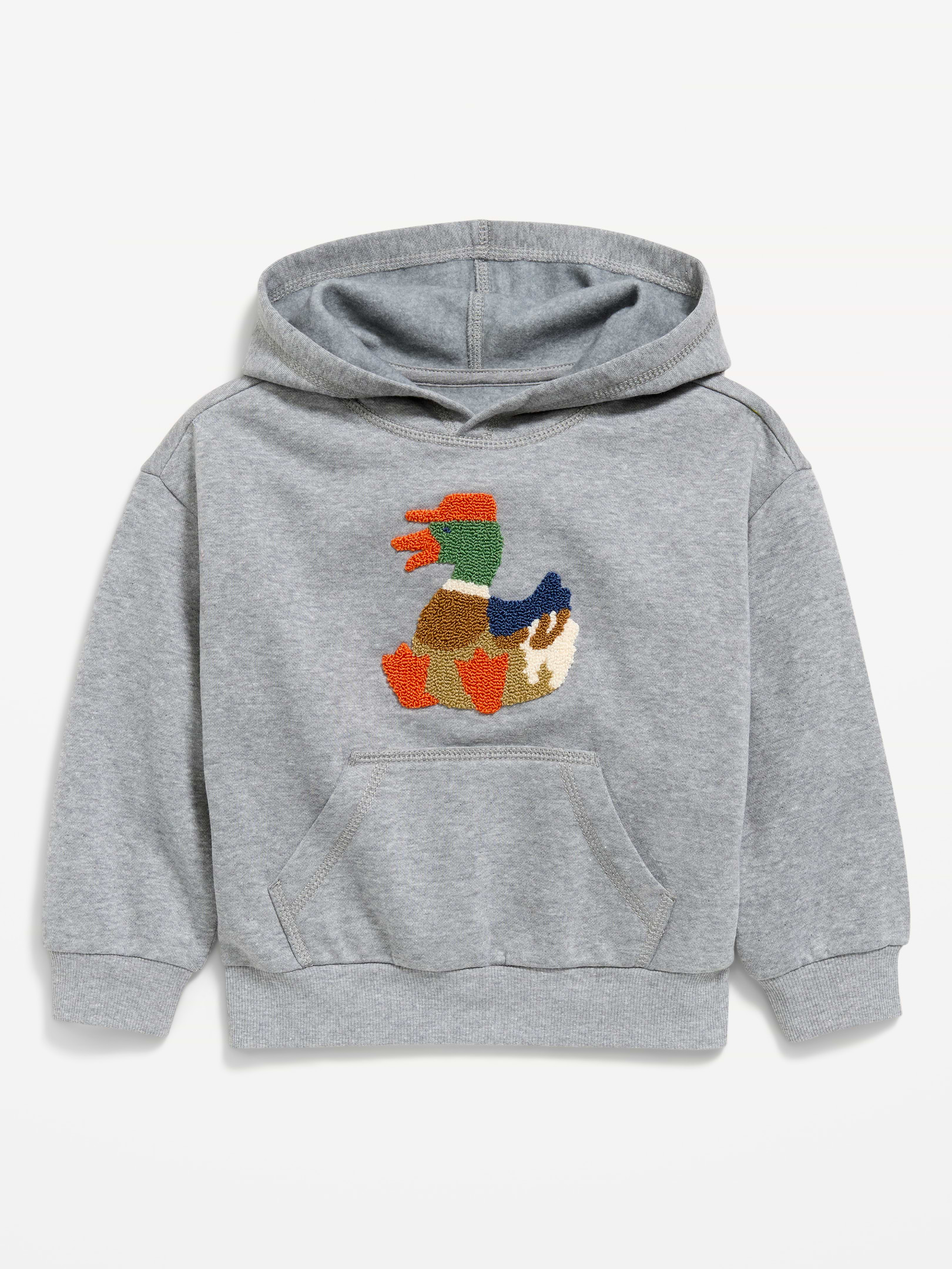 Image 1 of 2, built-in hood, long sleeves, drop shoulders, kangaroo pocket, embroidered graphic at front, Product #910938