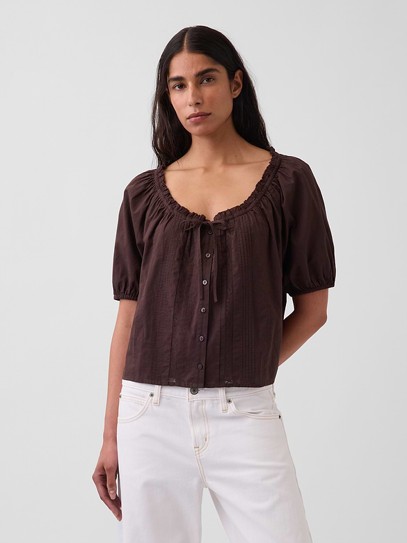 Elbow-Sleeve Crop Pintuck Top