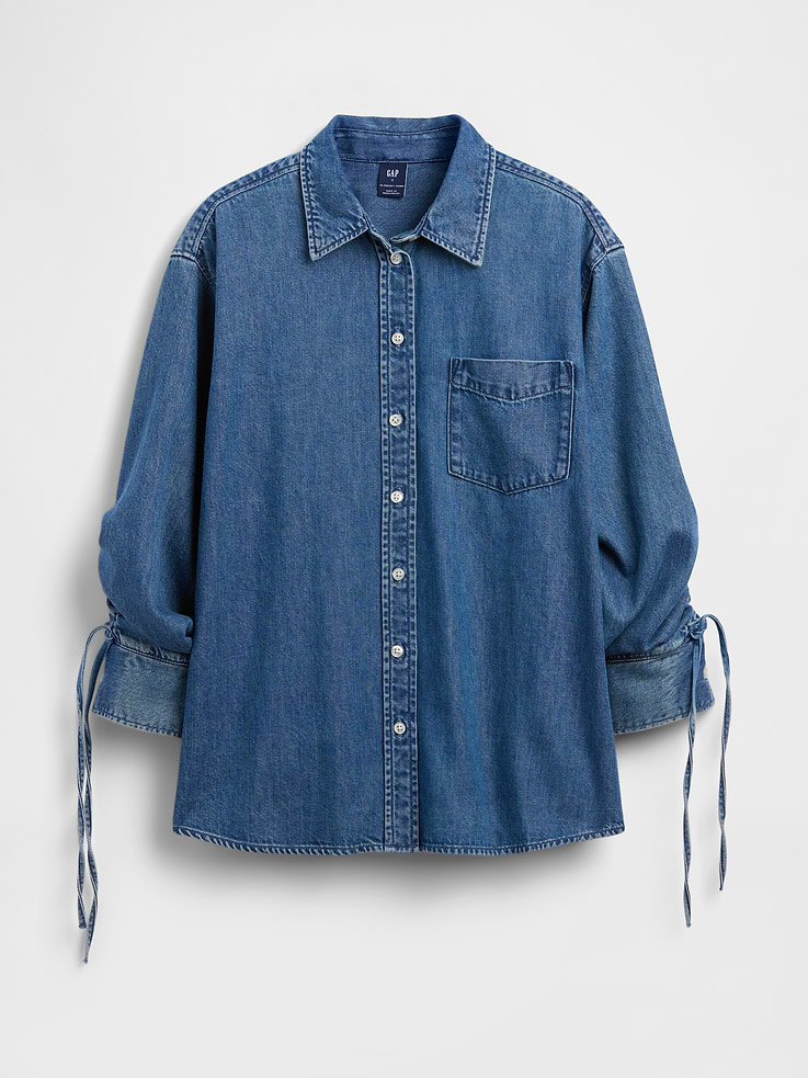Image number 5 showing, UltraSoft Denim Oversized Ruched-Sleeve Shirt