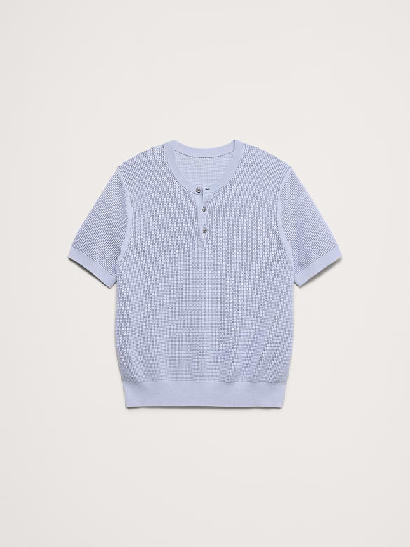 Cotton-Silk Short-Sleeve Henley Sweater