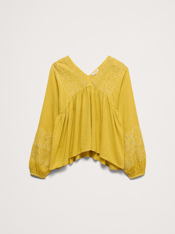 Embroidered Linen-Cotton Top