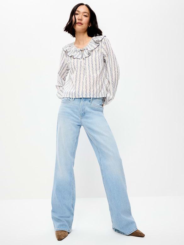 Long-Sleeve Ruffle Tie-Neck Top