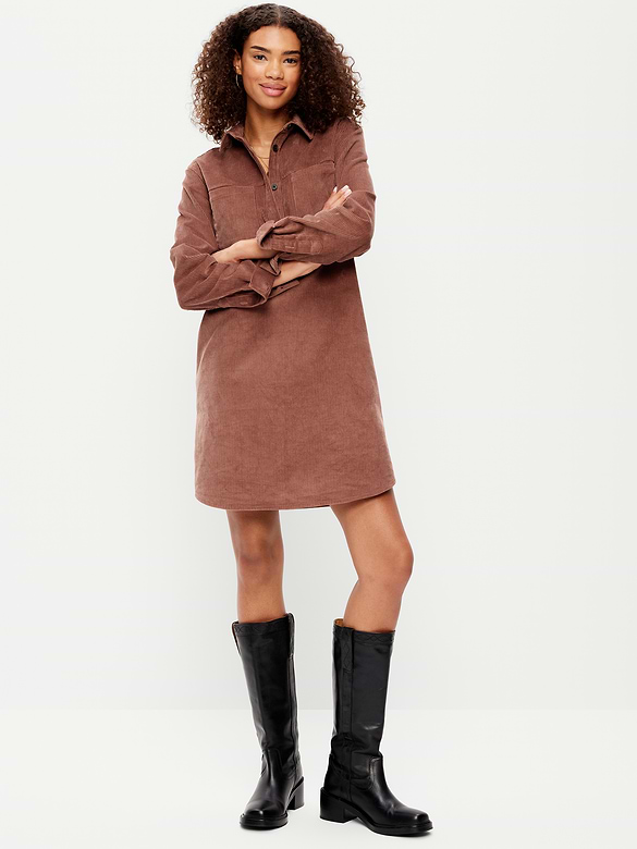Long-Sleeve Button-Down Mini Shirt Dress