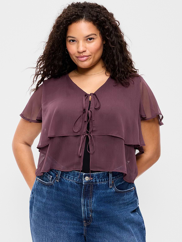 Chiffon Tie-Front Flutter-Sleeve Top