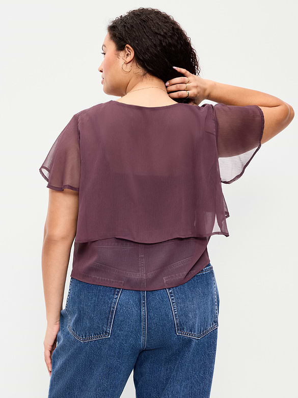 Chiffon Tie-Front Flutter-Sleeve Top