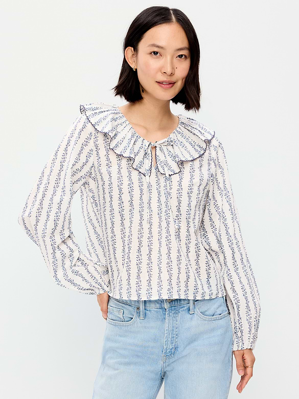 Long-Sleeve Ruffle Tie-Neck Top