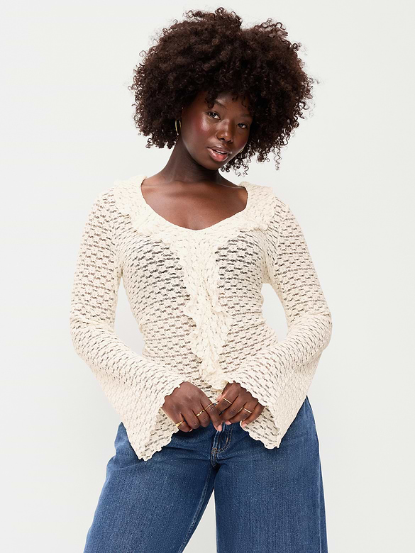 Fitted Bell-Sleeve Ruffle Top