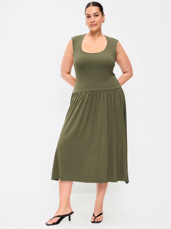 Jersey Knit Drop-Waist Midi Dress
