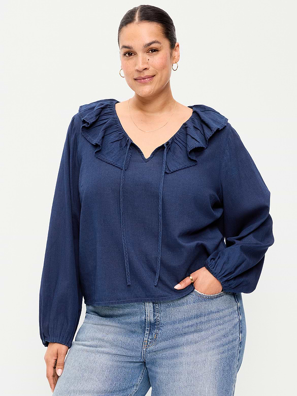 Long-Sleeve Ruffle Tie-Neck Top