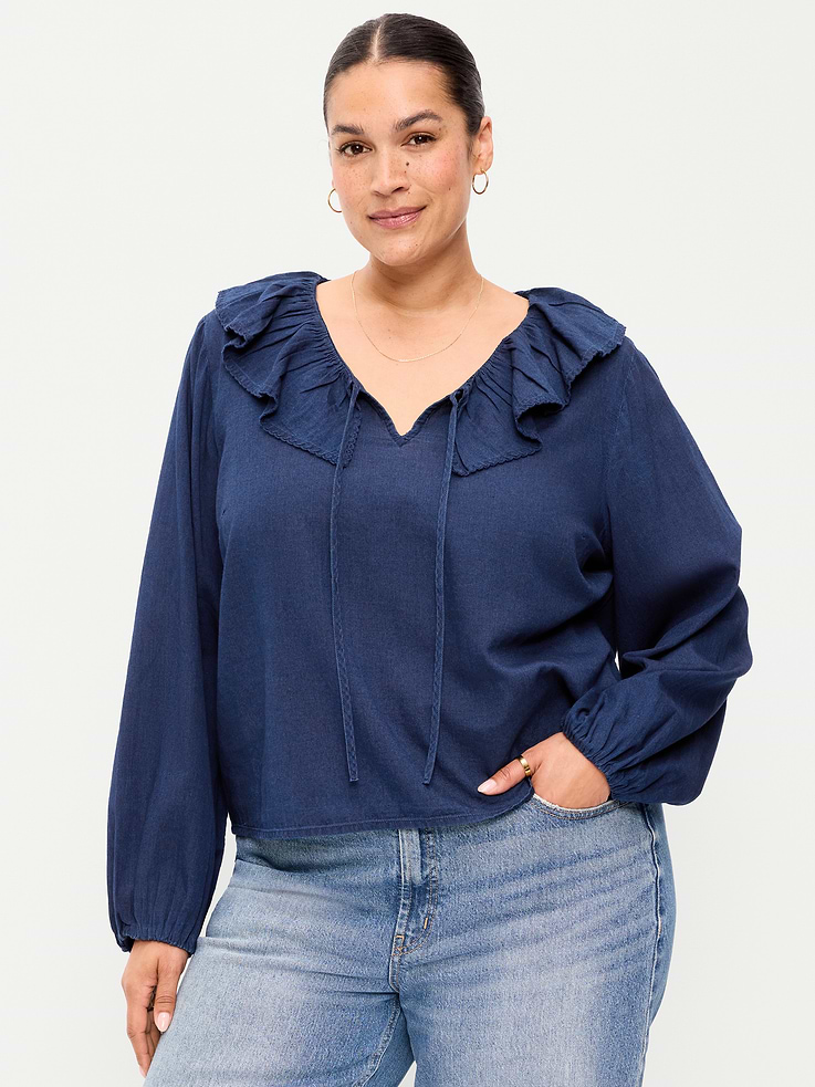 Image number 7 showing, Long-Sleeve Ruffle Tie-Neck Top
