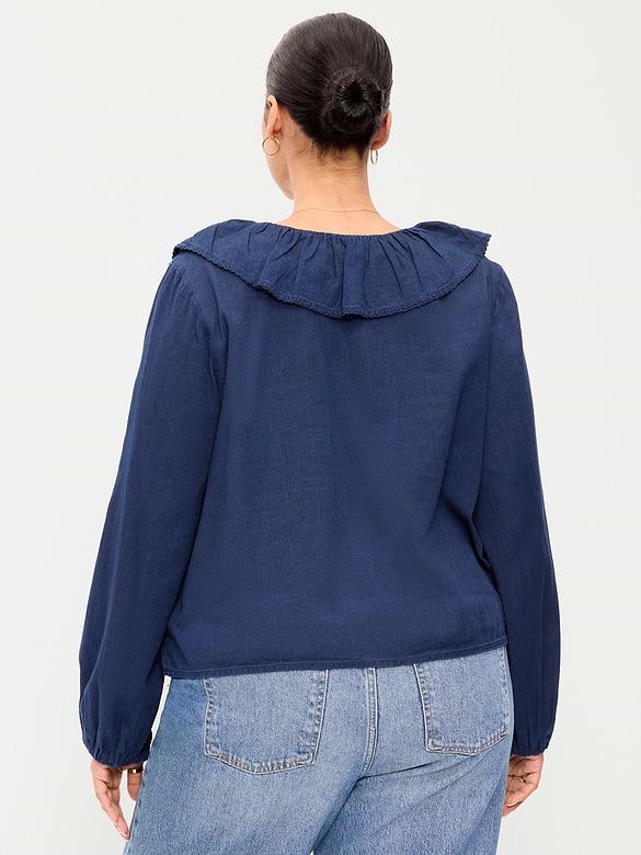 Long-Sleeve Ruffle Tie-Neck Top