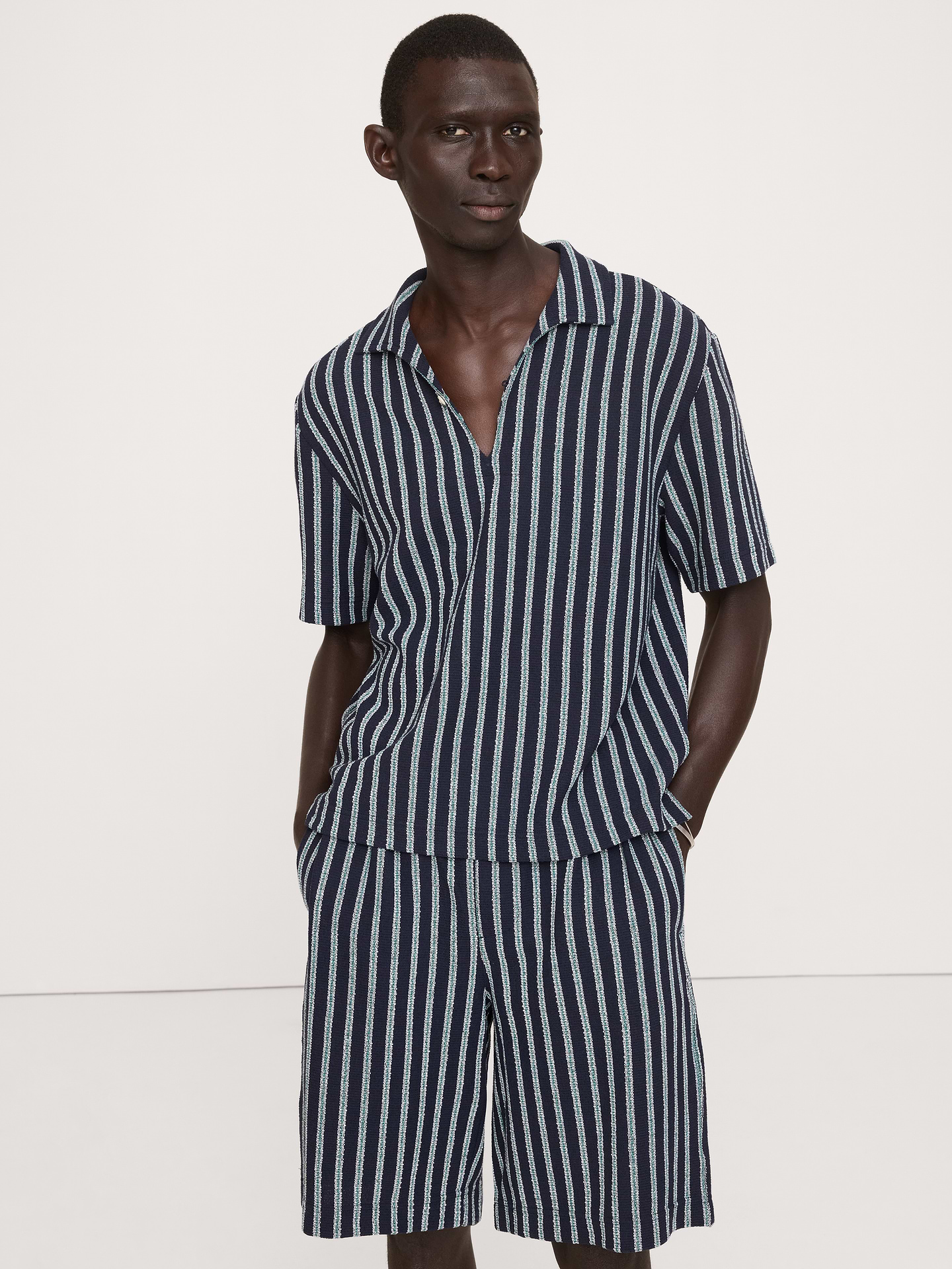 Image number 1 showing, Jacquard Stripe Open Collar Polo
