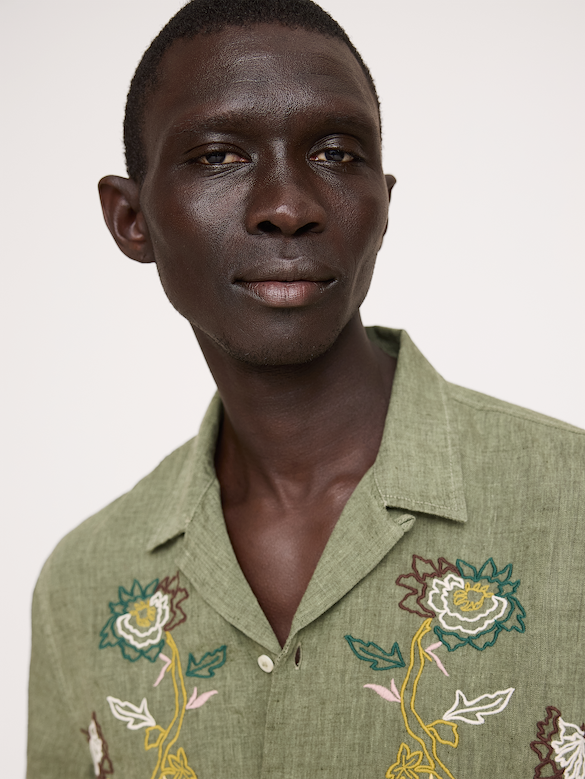 Standard-Fit Embroidered Linen Resort Shirt