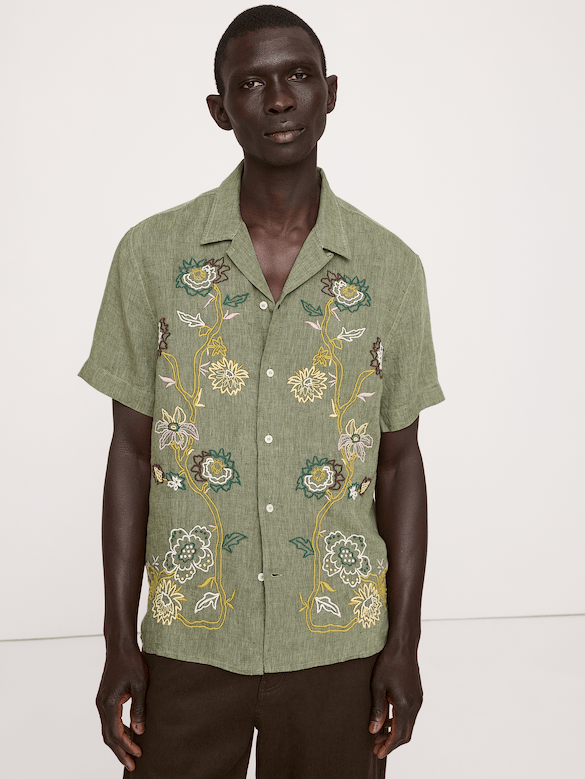 Standard-Fit Embroidered Linen Resort Shirt