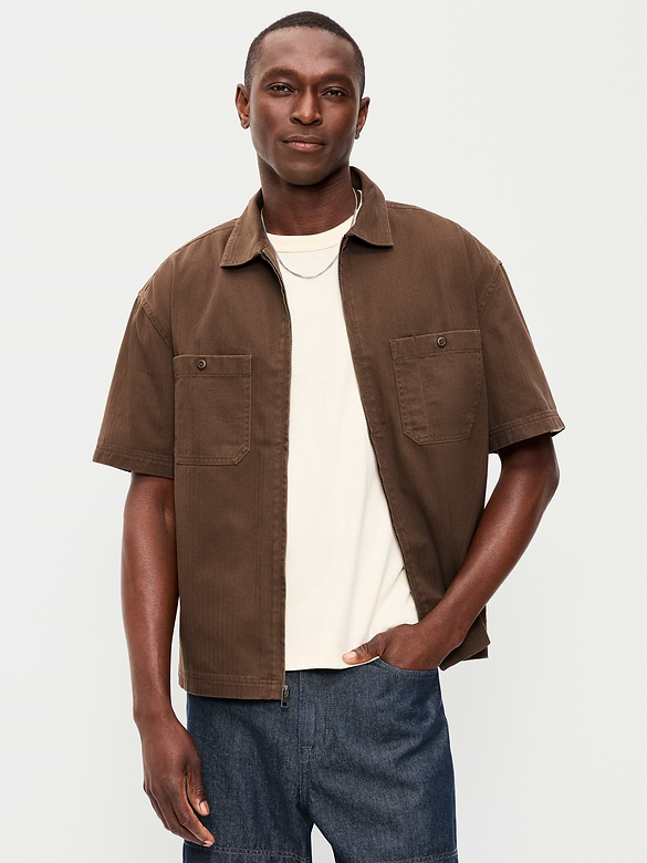 Loose Full-Zip Herringbone Workwear Shirt