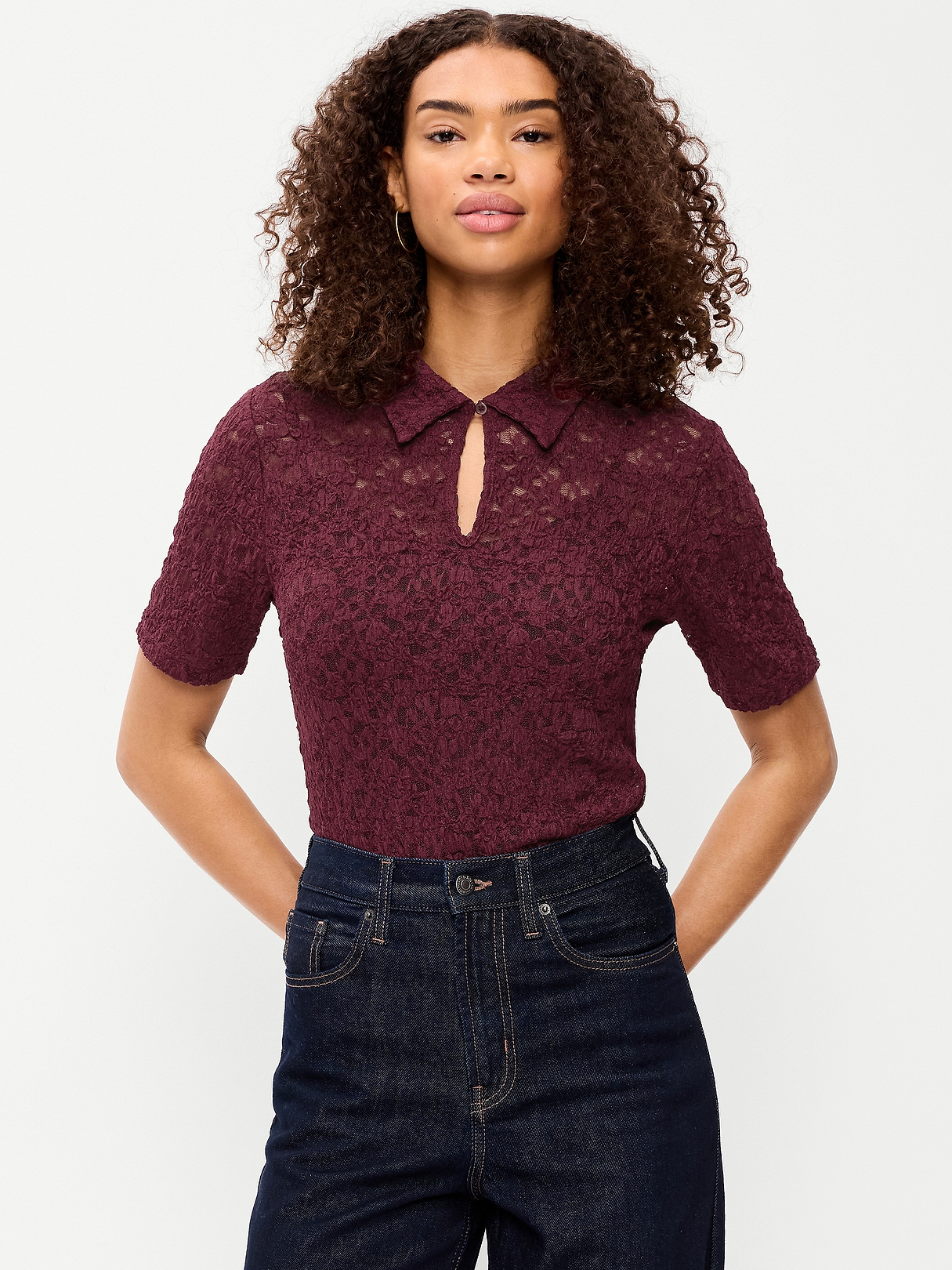 Lace Keyhole Polo Top | Old Navy