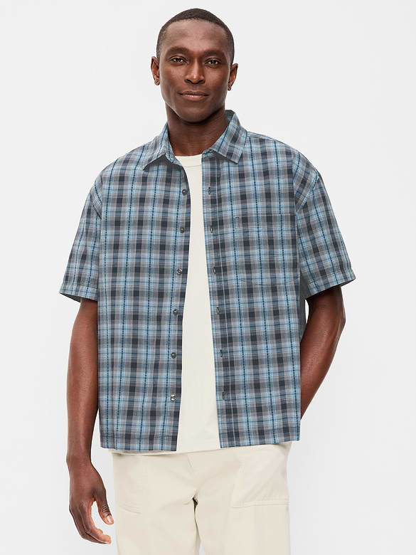Loose Fit Textured Plaid Pocket Shirt