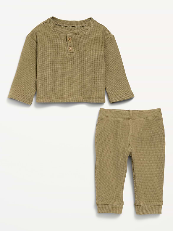 Long-Sleeve Waffle-Knit Henley Top and Pants Set for Baby