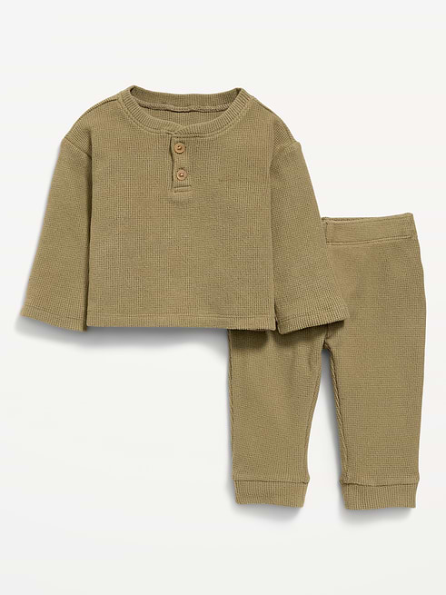 Long Long-Sleeve Waffle-Knit Henley Top and Pants Set for Baby on clearance at Old Navy — 40% off