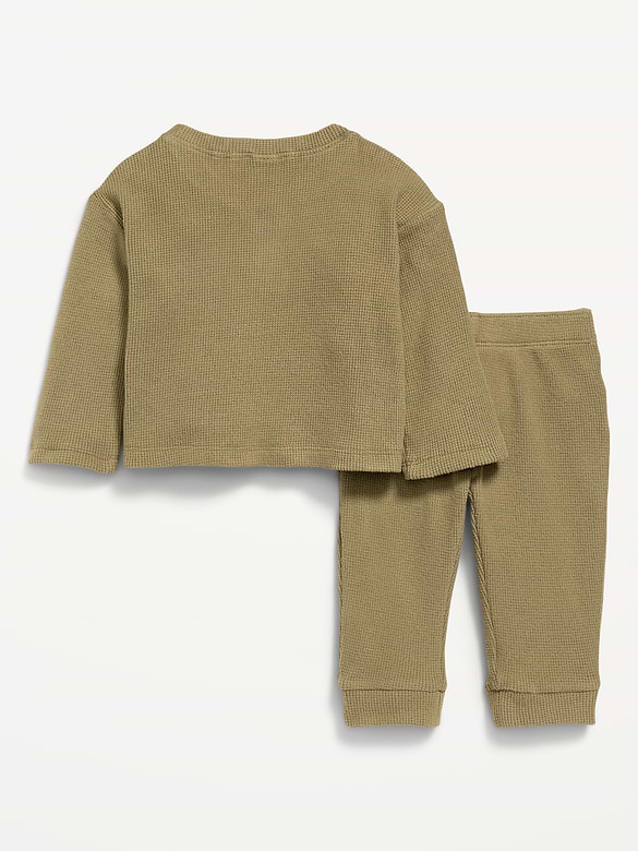 Long-Sleeve Waffle-Knit Henley Top and Pants Set for Baby