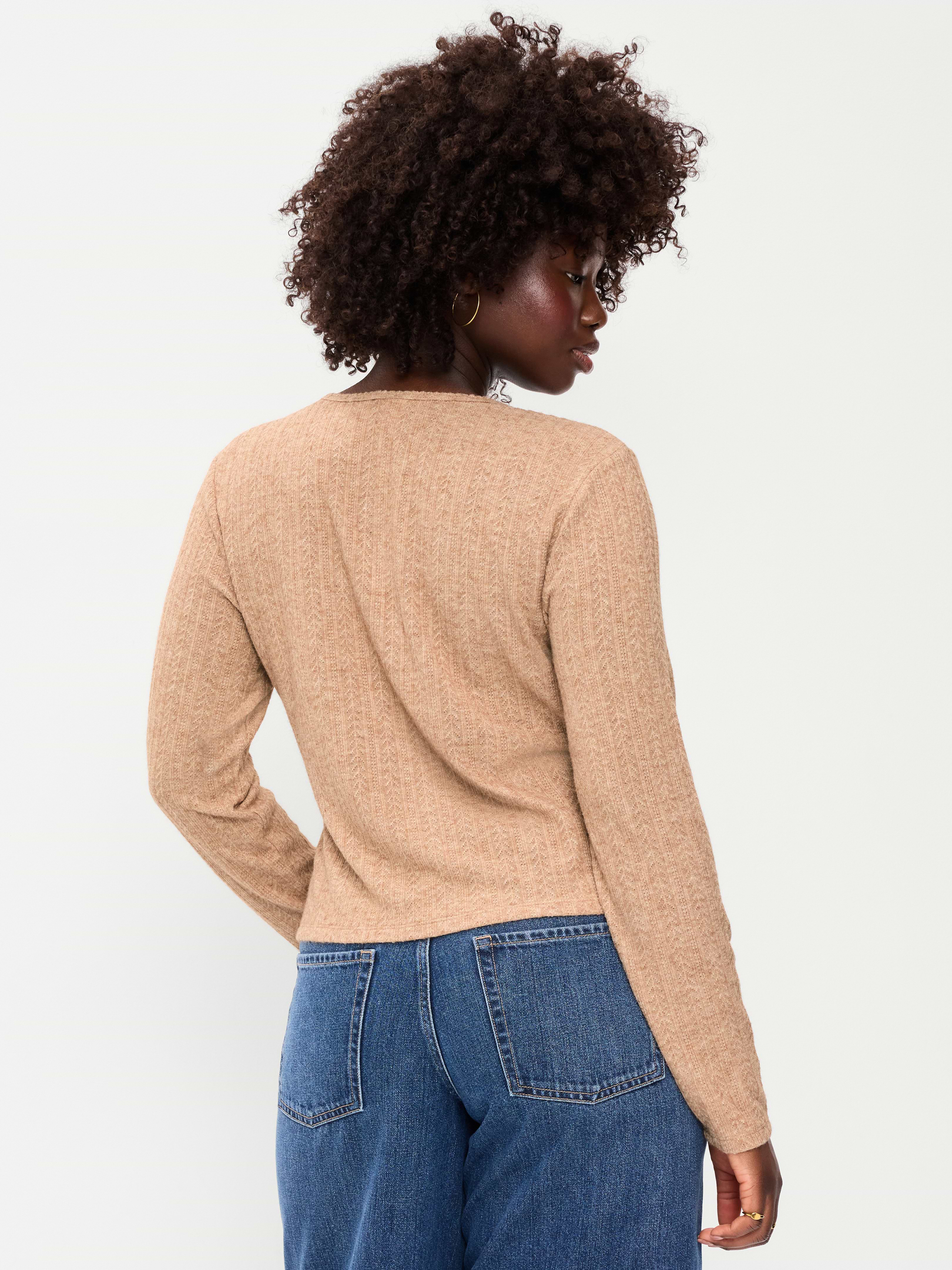 Image 6 of 8, Long-Sleeve Button-Front Pointelle Top
