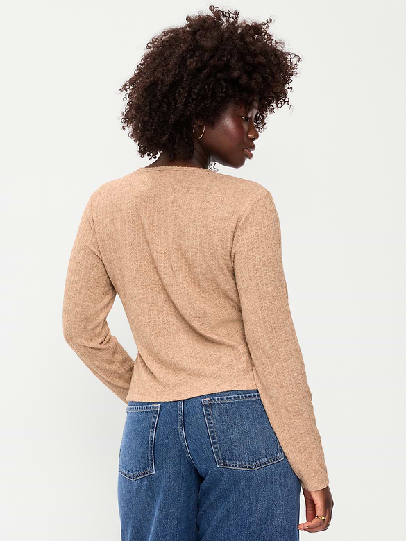 Long-Sleeve Button-Front Pointelle Top