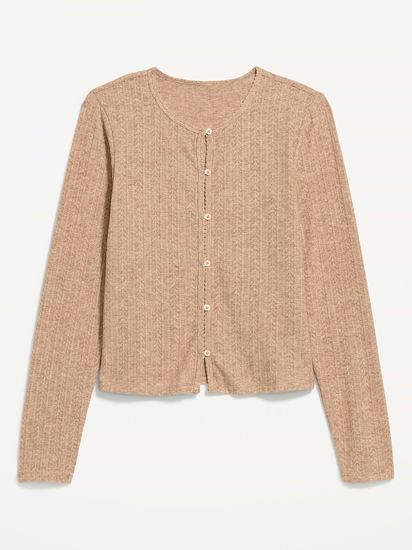 Long-Sleeve Button-Front Pointelle Top