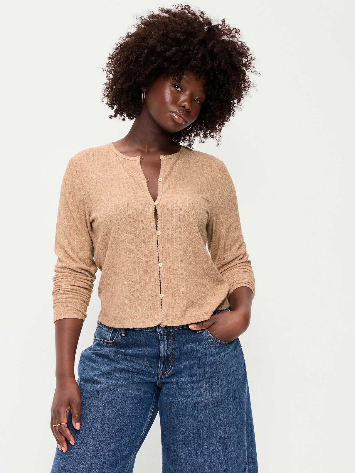 Image 5 of 8, Long-Sleeve Button-Front Pointelle Top