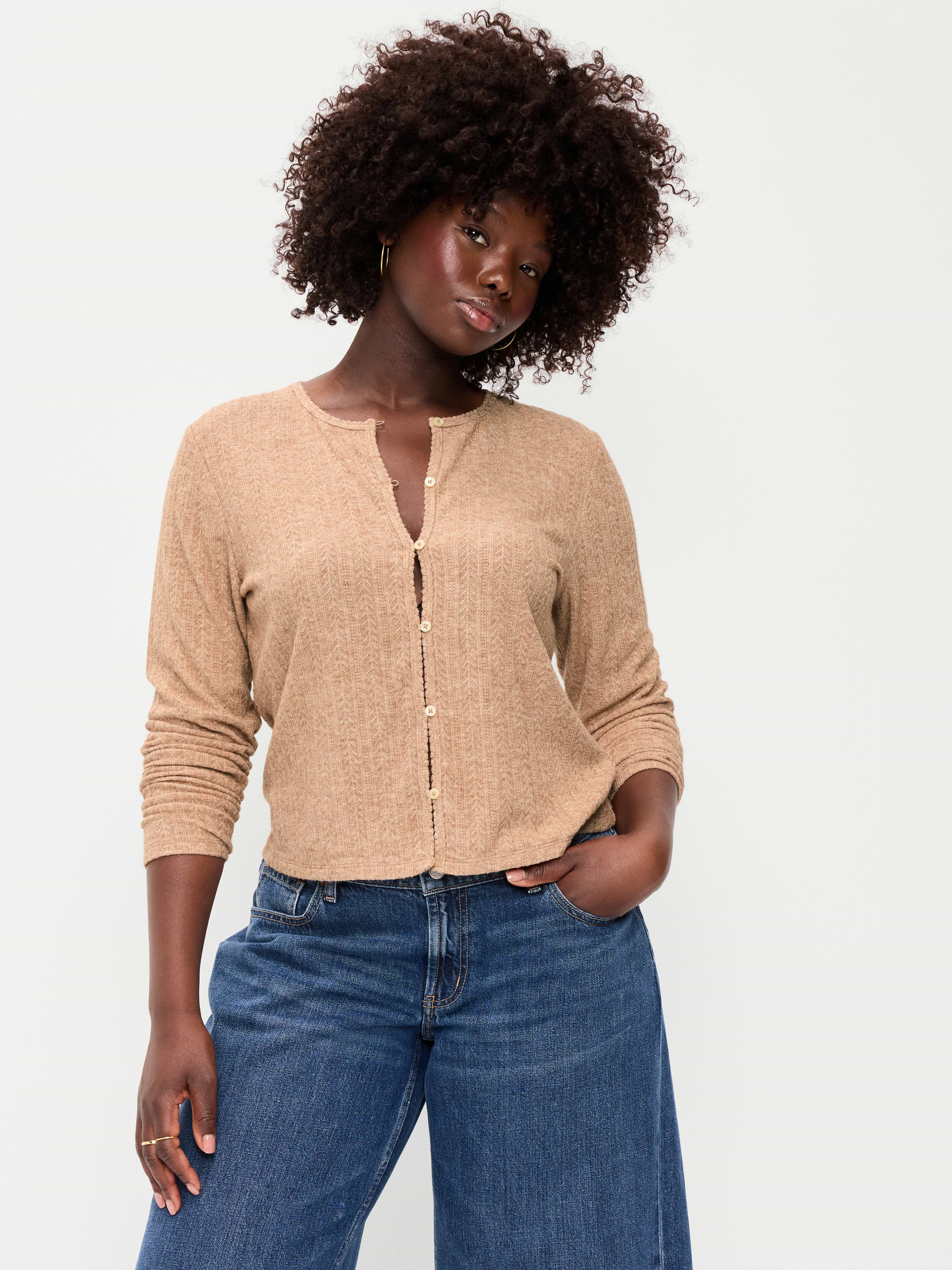 Image 5 of 8, Long-Sleeve Button-Front Pointelle Top