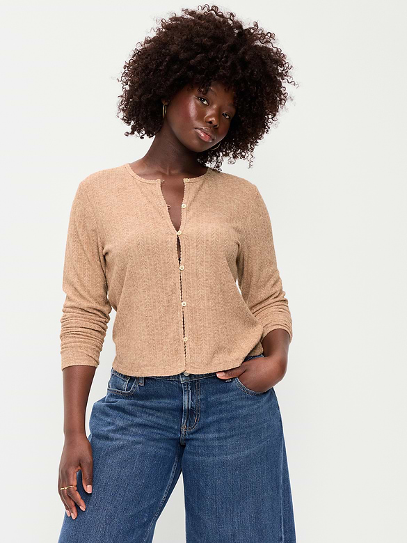 Long-Sleeve Button-Front Pointelle Top