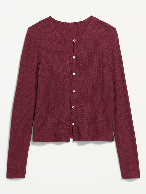 Long-Sleeve Button-Front Pointelle Top