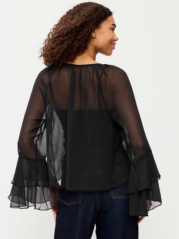 Sheer Chiffon Bell-Sleeve Top