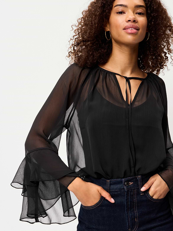 Sheer Chiffon Bell-Sleeve Top
