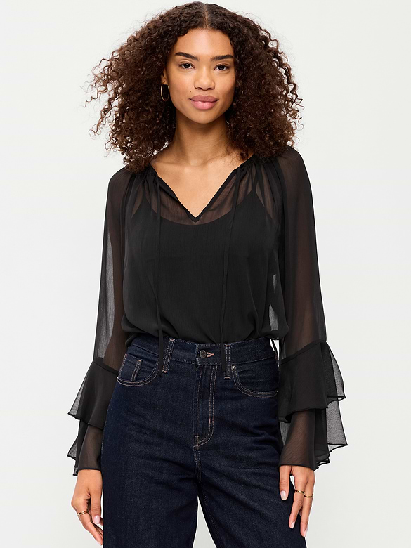 Sheer Chiffon Bell-Sleeve Top