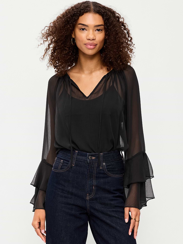 Image number 1 showing, Sheer Chiffon Bell-Sleeve Top