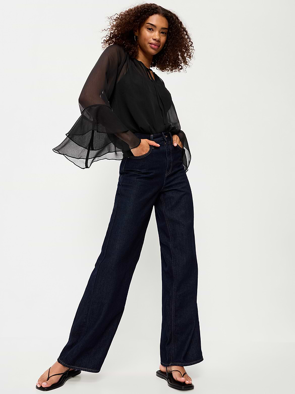 Sheer Chiffon Bell-Sleeve Top