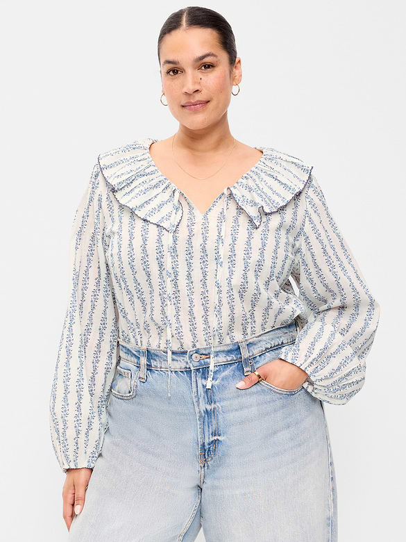 Long-Sleeve Ruffle Tie-Neck Top