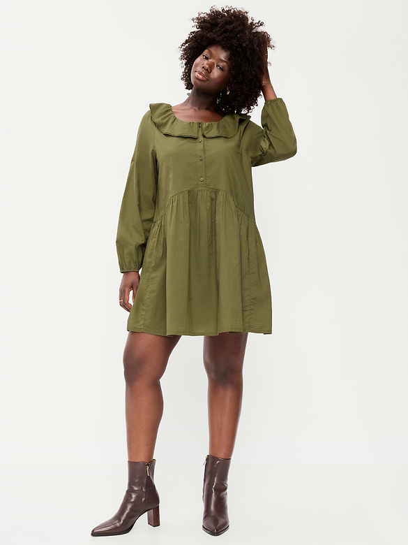 Long-Sleeve Ruffle-Collar Swing Mini Dress