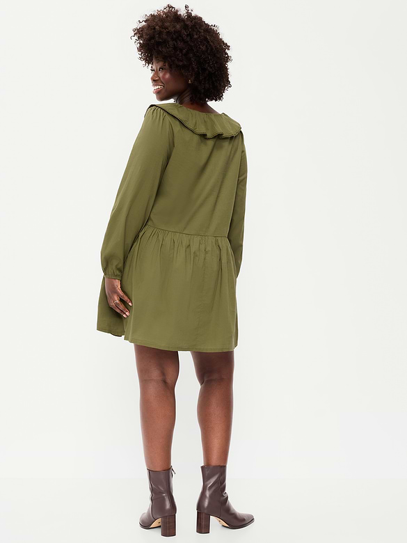 Long-Sleeve Ruffle-Collar Swing Mini Dress