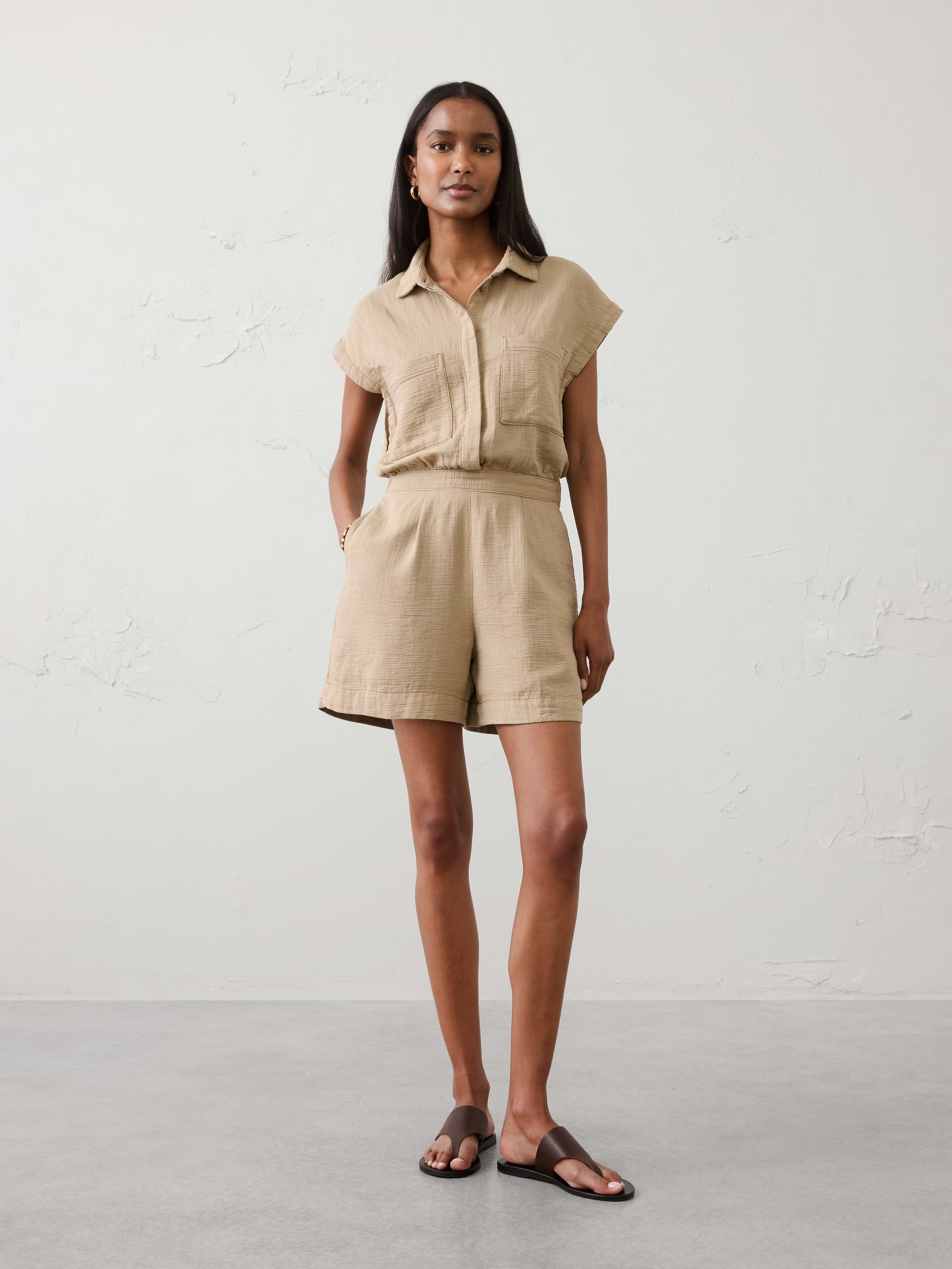 Image number 1 showing, Gauze Pocketed Romper