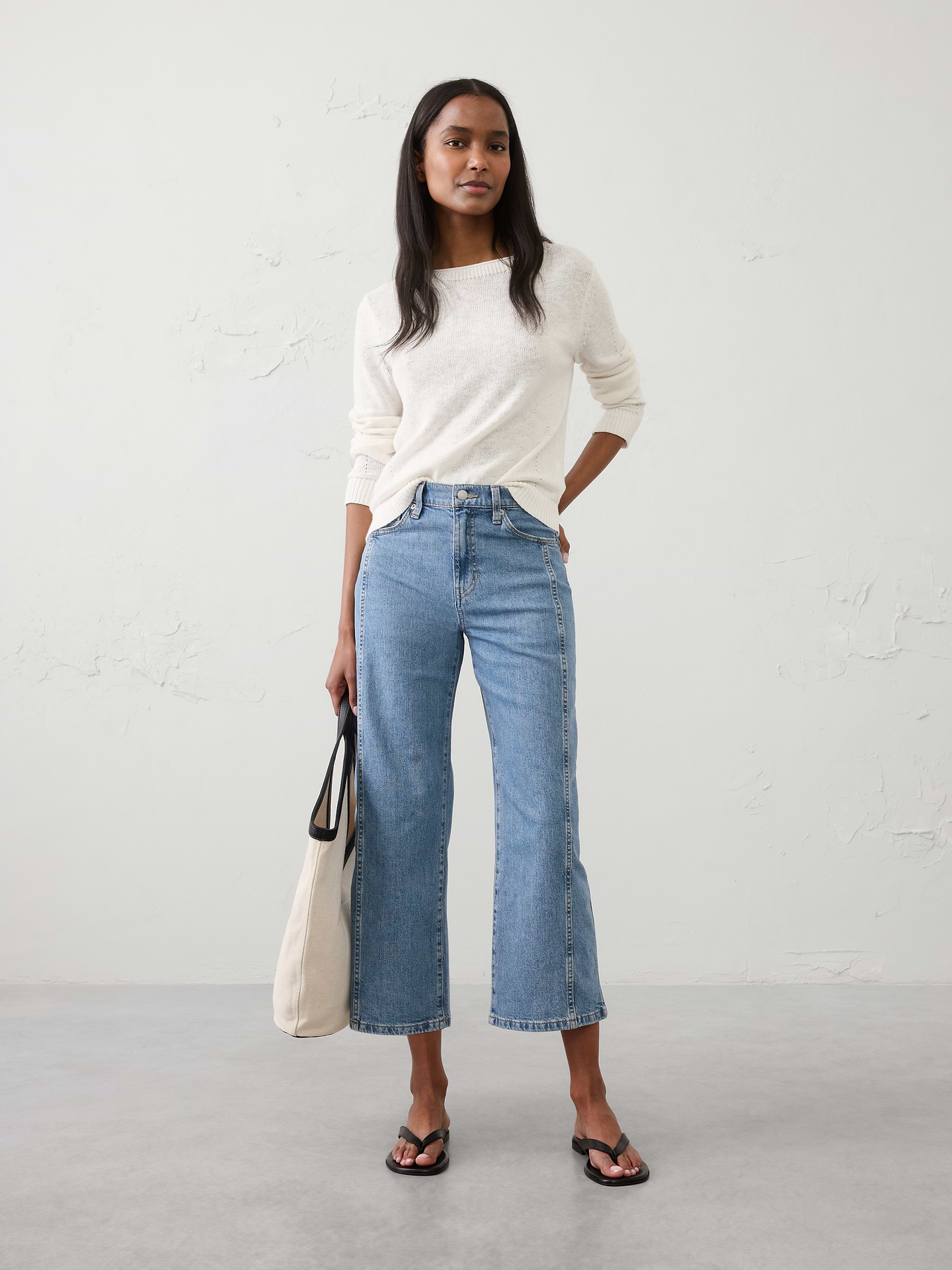 Image number 1 showing, Straight-Leg High-Rise Pieced Cropped Jean