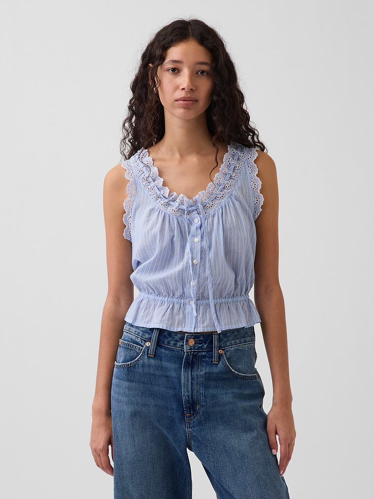 Image number 1 showing, Eyelet Tie-Front Crop Peplum Top